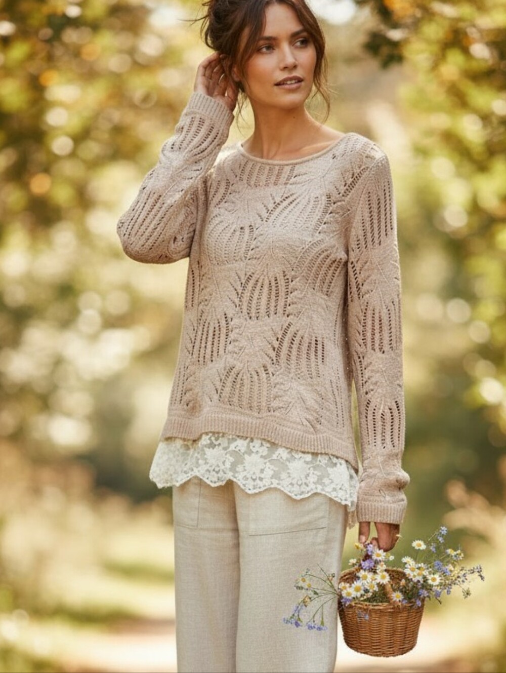 Lace Trim Tan Knit Sweater, S